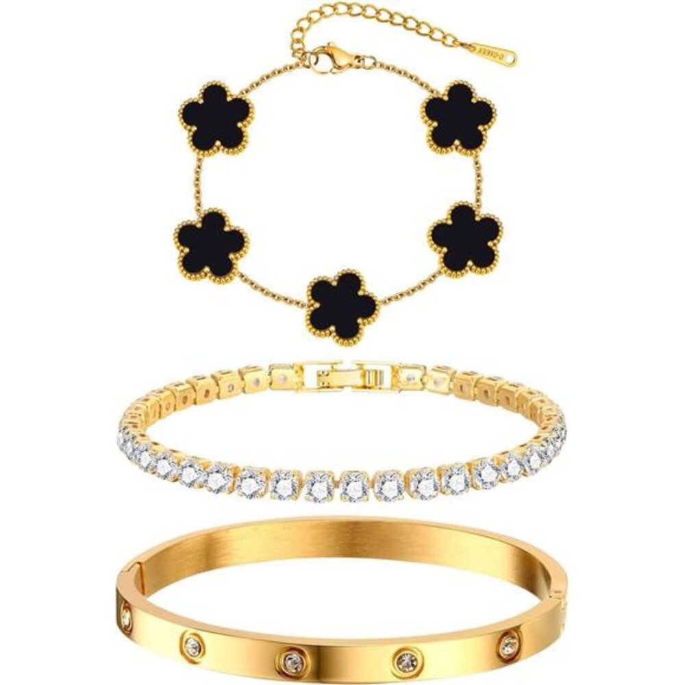 3Pcs Women's18K Gold Plated Stackable Floral Gold Bracelets
